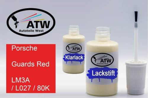 Porsche, Guards Red, LM3A / L027 / 80K: 20ml Lackstift + 20ml Klarlack - Set, von ATW Autoteile West.